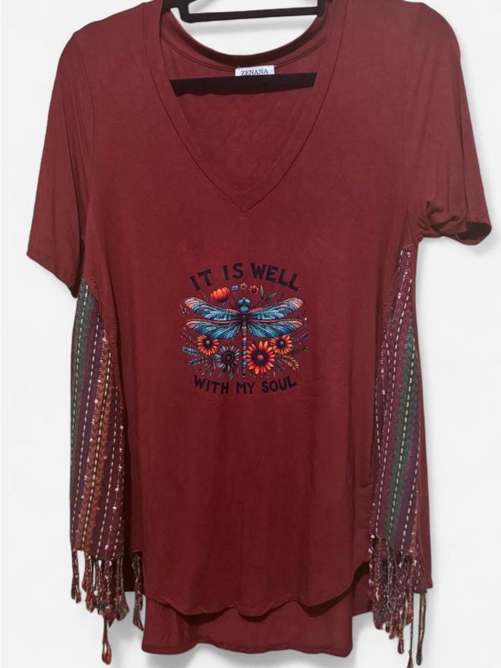 Zenana Outfitters Women's Burgundy V-Neck Graphic Tee with Dragonfly Detail